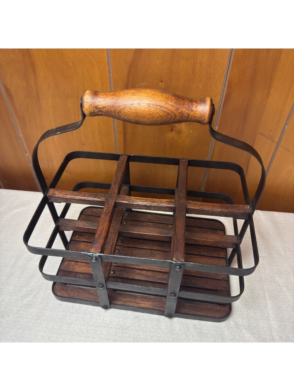 Wood Metal Bottle Caddy Wine Beer Carrier 6 Compartment Farmhouse Rustic Decor